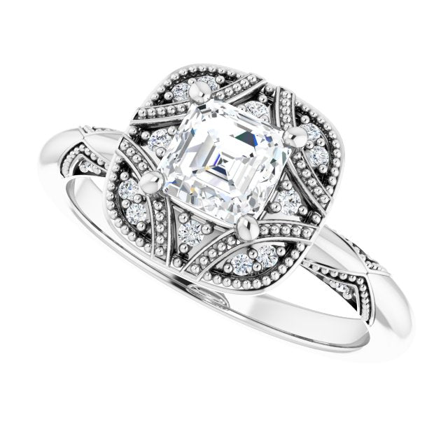 Milgrain vintage ring with cushion center stone/2-CT variant--.5CT variant--Asscher variant--.5CT variant--14K-white-gold