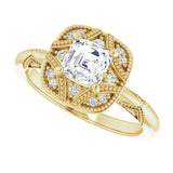Milgrain vintage cushion diamond ring, alternate angle/2-CT variant--.5CT variant--Asscher variant--.5CT variant--14K-yellow-gold