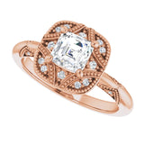 Milgrain vintage cushion diamond ring, band detail/2-CT variant--.5CT variant--Asscher variant--.5CT variant--14K-rose-gold