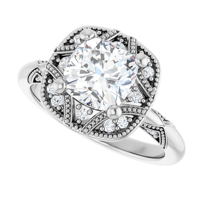 Milgrain vintage ring with 1CT oval center variant--Cushion variant--2CT variant--14K-white-gold