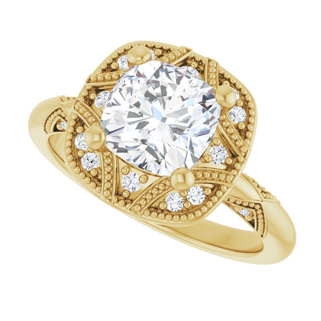 Milgrain vintage oval ring, alternate view variant--Cushion variant--2CT variant--14K-yellow-gold