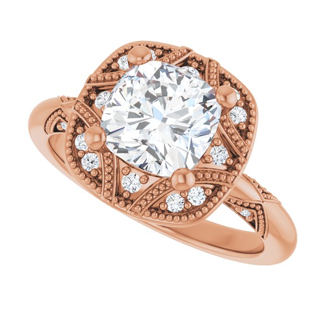 Milgrain vintage oval ring, overhead variant--Cushion variant--2CT variant--14K-rose-gold