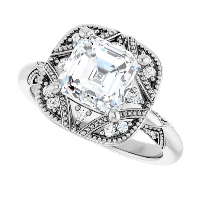 Milgrain vintage ring with 1CT cushion center variant--Asscher variant--2CT variant--14K-white-gold