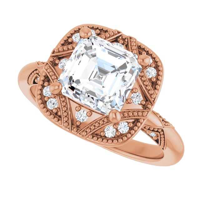 Milgrain vintage cushion ring, overhead variant--Asscher variant--2CT variant--14K-rose-gold