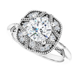 Milgrain vintage ring setting, additional detail variant--Round variant--1CT variant--14K-white-gold