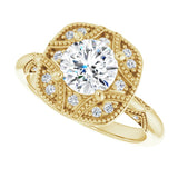 Milgrain vintage ring, close-up of side diamond accents variant--Round variant--1CT variant--14K-yellow-gold