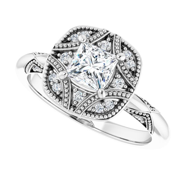 Milgrain vintage ring, additional styling shot/2-CT variant--.5CT variant--Square variant--.5CT variant--14K-white-gold