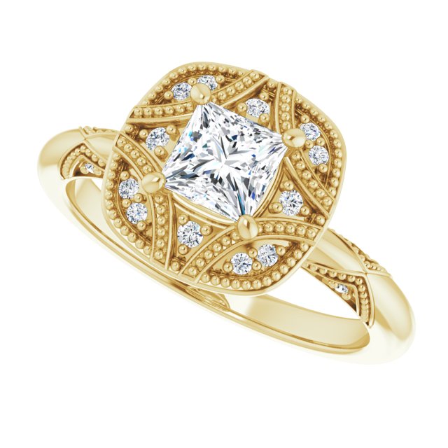 Milgrain vintage ring, close-up of craftsmanship/2-CT variant--.5CT variant--Square variant--.5CT variant--14K-yellow-gold
