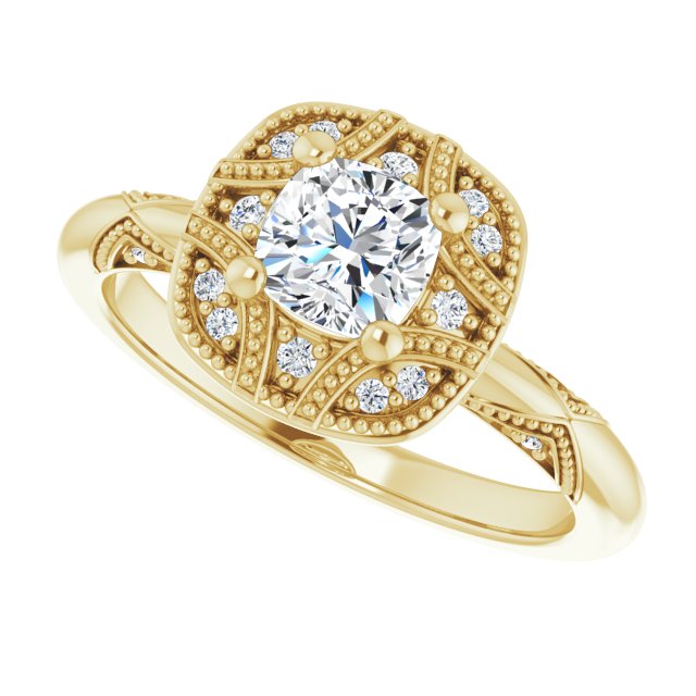 Milgrain vintage marquise ring, alternate view/2-CT variant--.5CT variant--Cushion variant--.5CT variant--14K-yellow-gold