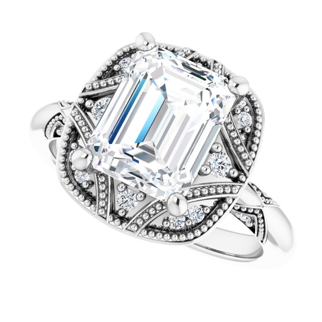 Milgrain vintage ring with princess center stone variant--Emerald variant--2CT variant--14K-white-gold