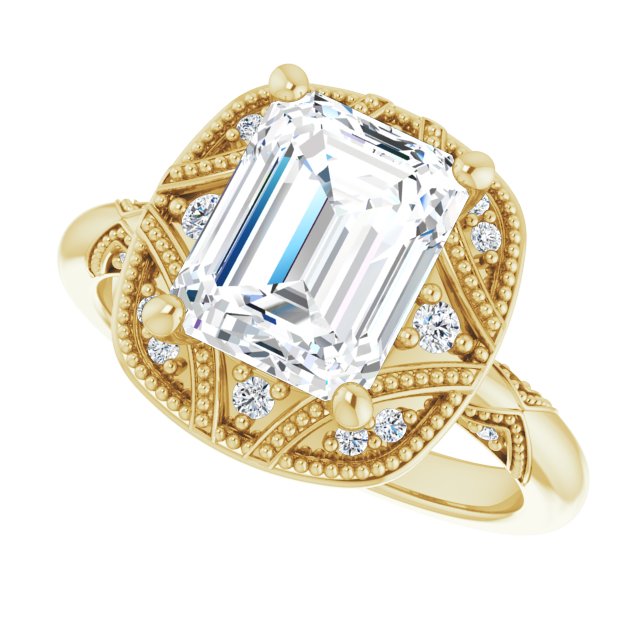 Milgrain vintage princess ring, alternate angle variant--Emerald variant--2CT variant--14K-yellow-gold