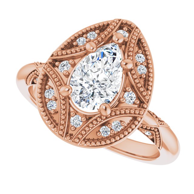 Milgrain vintage 2CT pear ring, band detail variant--Pear variant--1CT variant--14K-rose-gold