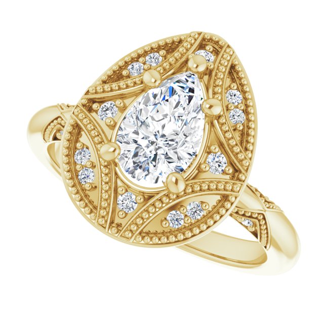 Milgrain vintage 2CT pear ring, alternate angle variant--Pear variant--1CT variant--14K-yellow-gold