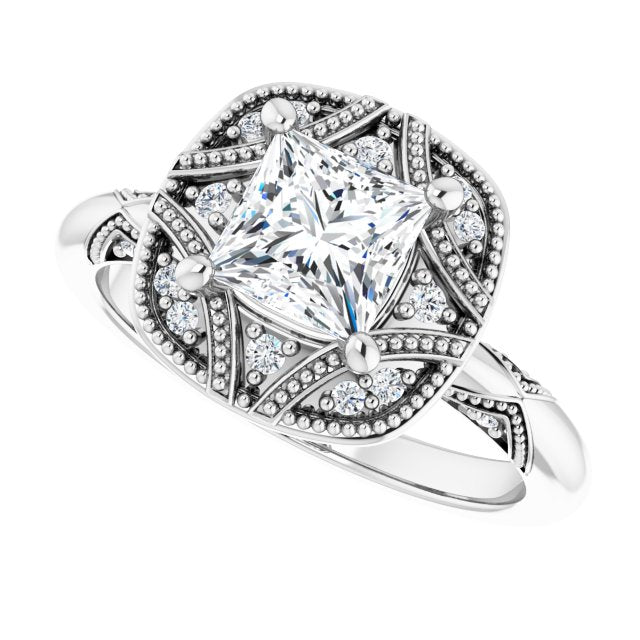 Milgrain vintage ring, angled view showing accent stones variant--Square variant--1CT variant--14K-white-gold