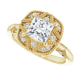 Milgrain vintage ring, band detail from side variant--Square variant--1CT variant--14K-yellow-gold