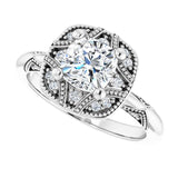 Milgrain vintage ring with oval center stone variant--Cushion variant--1CT variant--14K-white-gold