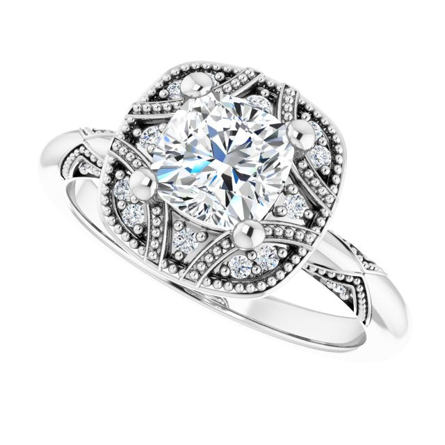 Milgrain vintage ring with oval center stone variant--Cushion variant--1CT variant--14K-white-gold