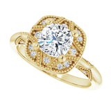 Milgrain vintage oval ring, alternate angle variant--Cushion variant--1CT variant--14K-yellow-gold