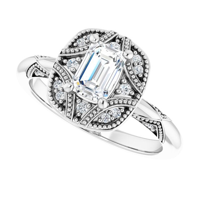 Milgrain vintage ring with pear center stone/2-CT variant--.5CT variant--Emerald variant--.5CT variant--14K-white-gold