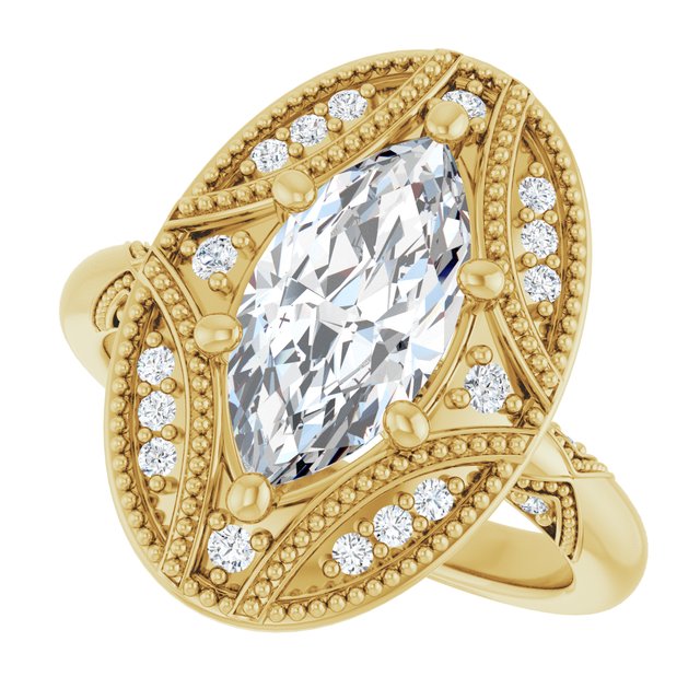 Milgrain vintage 2CT marquise ring, alternate angle variant--Marquise variant--2CT variant--14K-yellow-gold