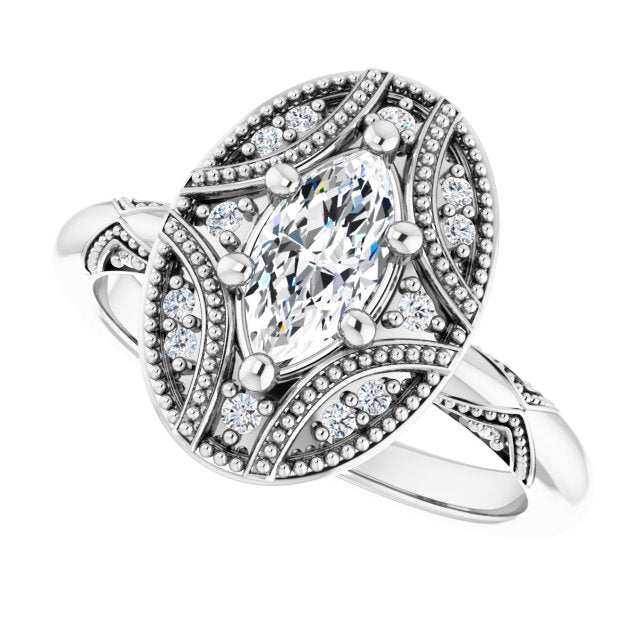 Milgrain vintage ring with 2CT round center stone/2-CT variant--.5CT variant--Marquise variant--.5CT variant--14K-white-gold
