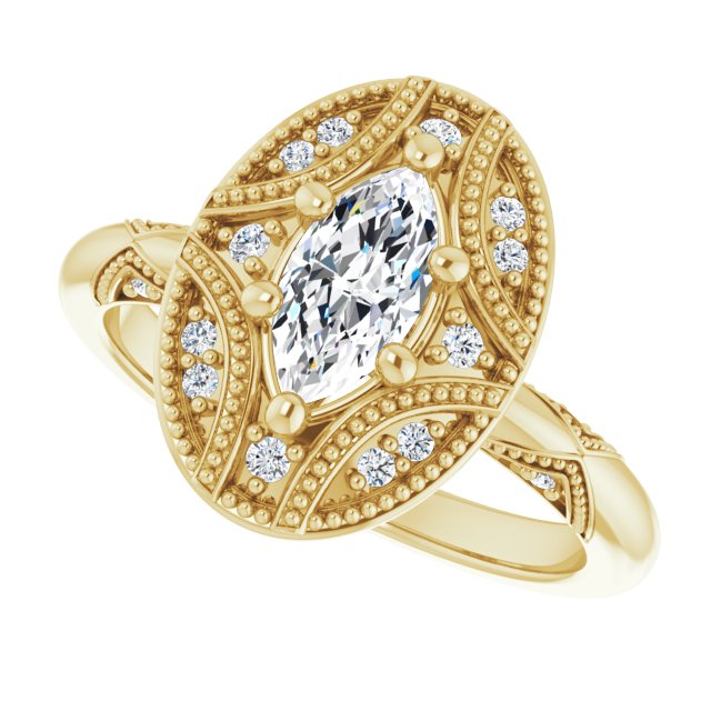 Milgrain vintage 2CT round ring, alternate angle/2-CT variant--.5CT variant--Marquise variant--.5CT variant--14K-yellow-gold