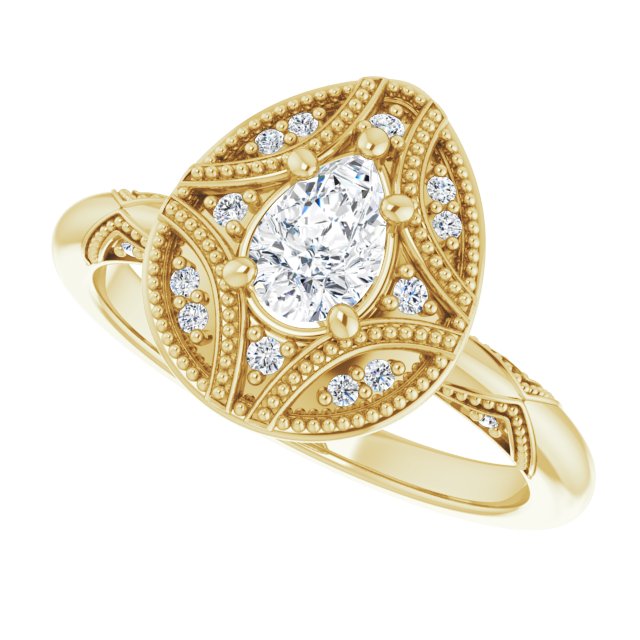 Milgrain vintage 2CT oval ring, alternate angle/2-CT variant--.5CT variant--Pear variant--.5CT variant--14K-yellow-gold