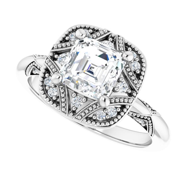 Milgrain vintage ring with marquise center stone variant--Asscher variant--1CT variant--14K-white-gold