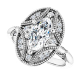 Milgrain vintage ring with 2CT cushion center variant--Marquise variant--1CT variant--14K-white-gold