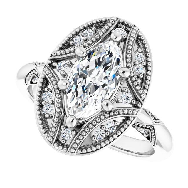 Milgrain vintage ring with 2CT cushion center variant--Marquise variant--1CT variant--14K-white-gold