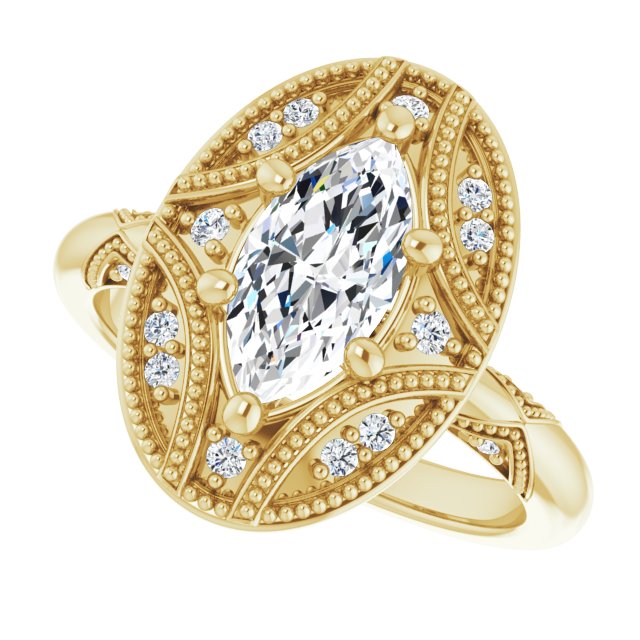Milgrain vintage 2CT cushion ring, alternate angle variant--Marquise variant--1CT variant--14K-yellow-gold