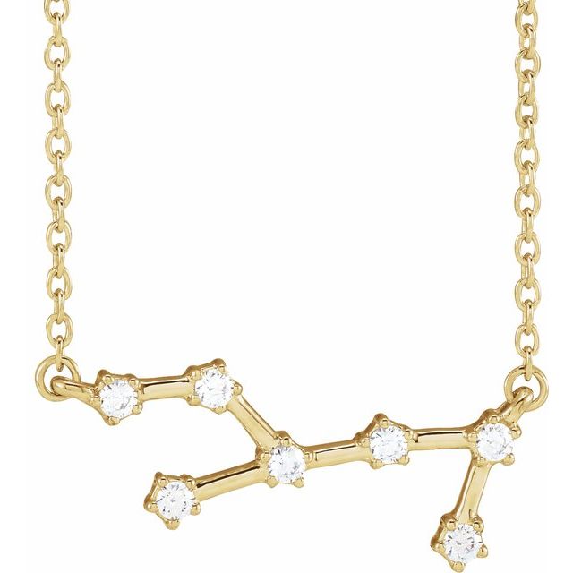 Virgo constellation necklace in 14K gold, front view showing constellation