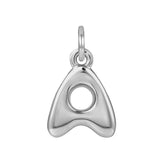 Close-up of sculptural bubble letter initial charm variant--A variant--14K-white-gold variant--Sterling-silver