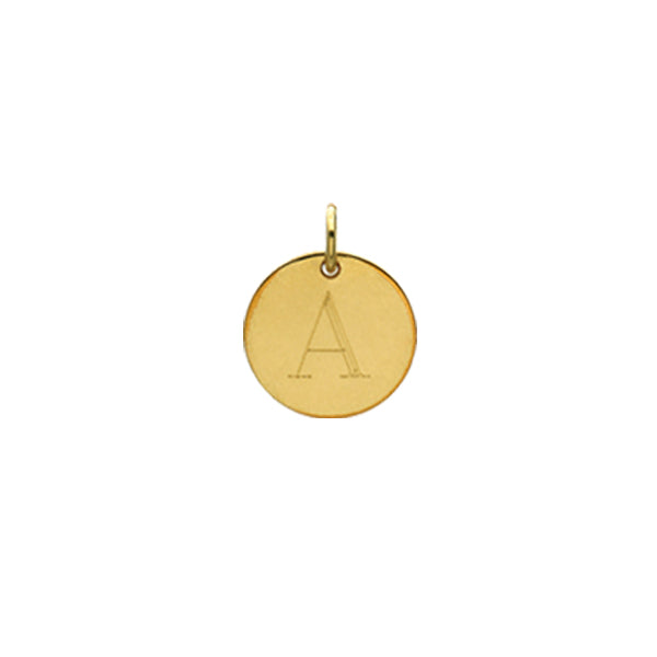 Engraved initial A disc charm in gold-fill, front view variant--A variant--Gold-fill