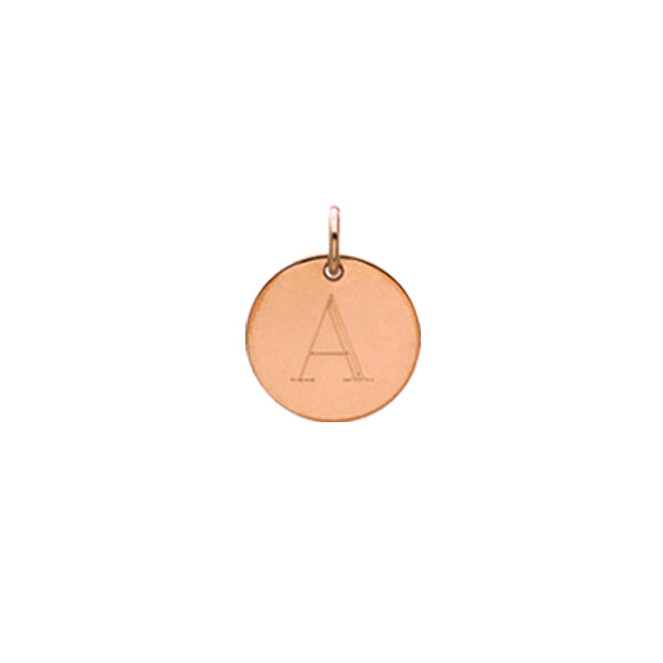 Engraved initial A disc charm in rose gold-fill, front view gold-fill variant--A variant--Rose-gold-fill