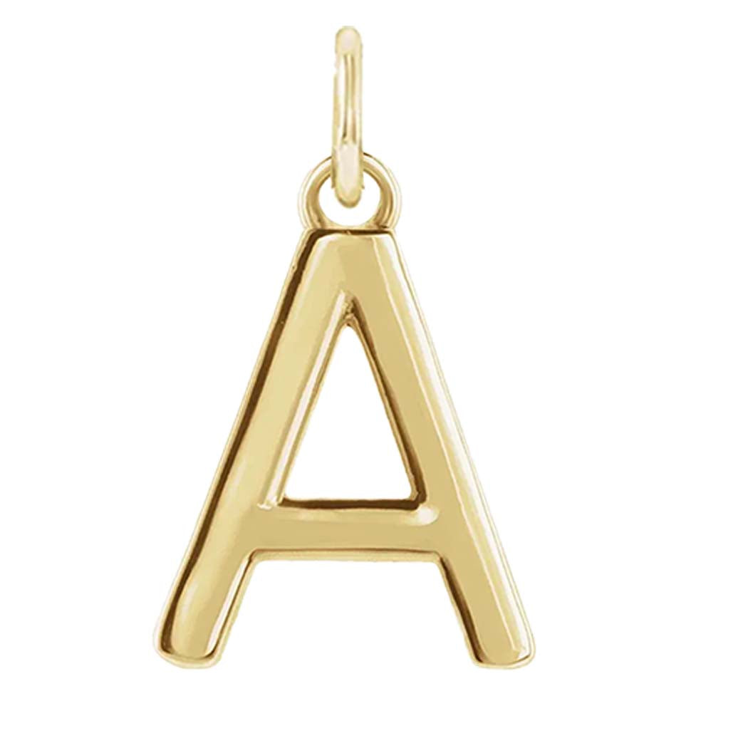 Modern initial charm letter A in 14K yellow gold, front view