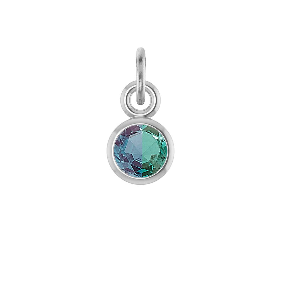 Alexandrite birthstone charm bezel-set in 14k white gold — rare color-changing June gemstone.