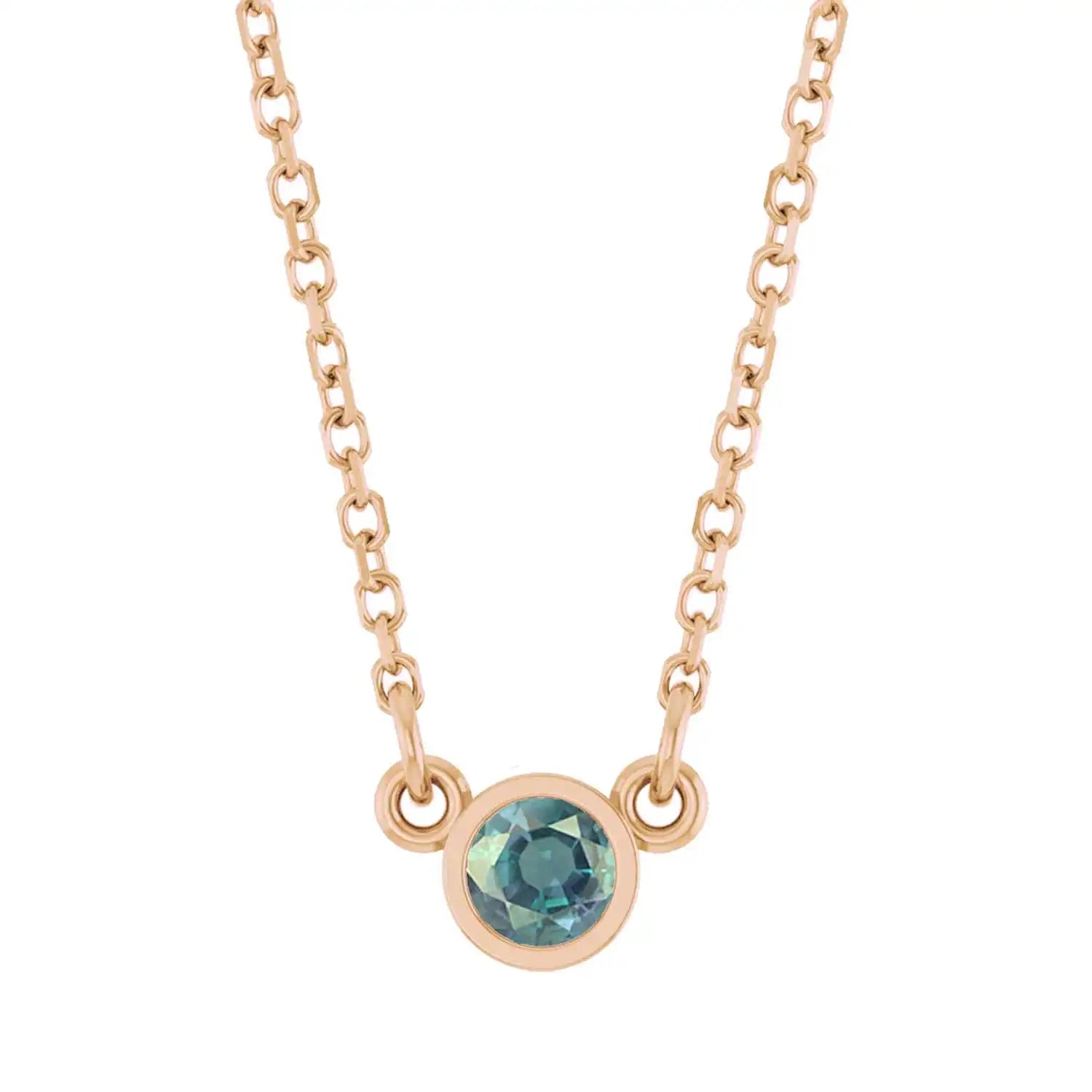 Bezel-set alexandrite birthstone necklace in 14K rose gold, product view variant--14K-rose-gold variant--Emerald