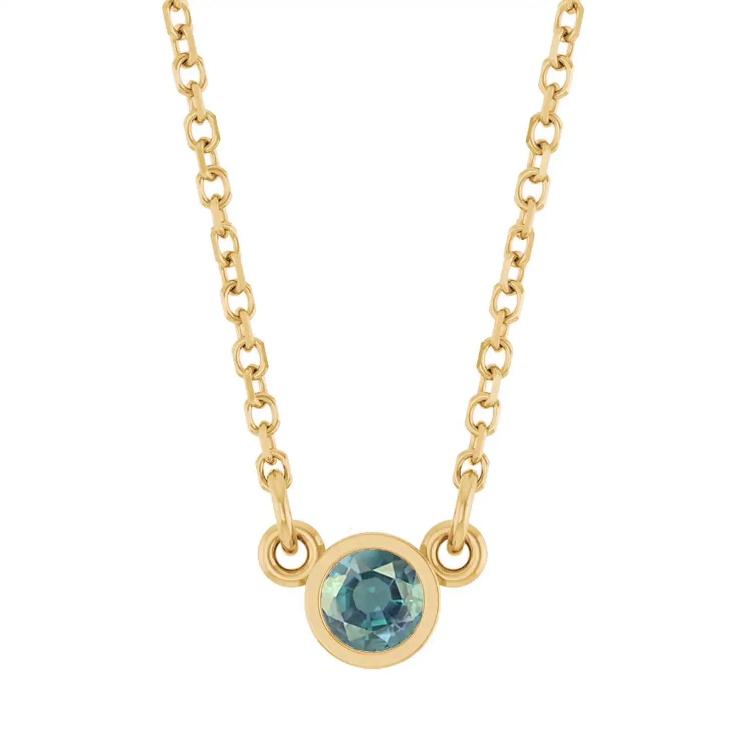 Bezel-set alexandrite birthstone necklace in 14K yellow gold, product view variant--14K-yellow-gold variant--Emerald