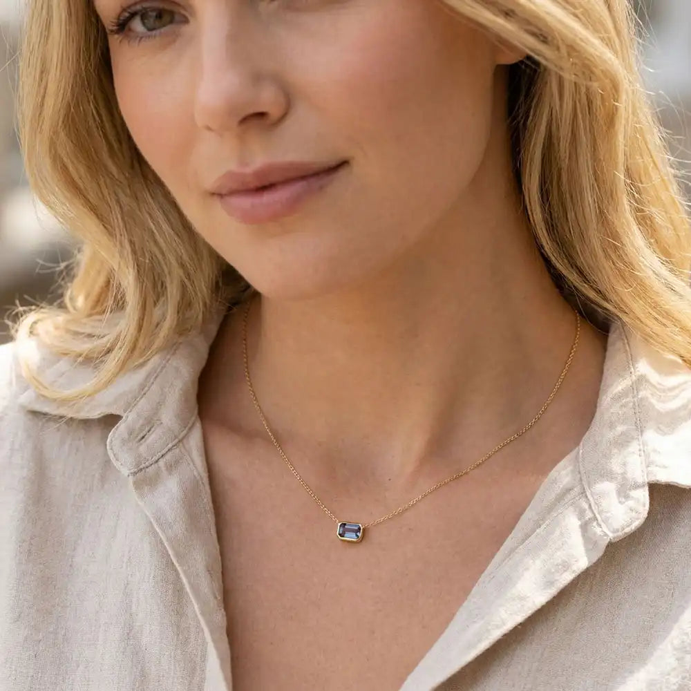 June birthstone necklace with color-shifting alexandrite shown on model variant--14K-yellow-gold variant--14K-white-gold variant--14K-rose-gold variant--Sterling-silver variant--Alexandrite