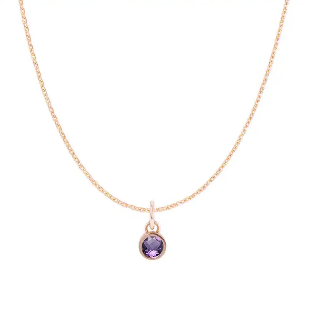 Amethyst birthstone charm necklace in 14K rose gold, bezel-set pendant, product shot variant--14K-rose-gold variant--Amethyst