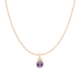 Amethyst birthstone charm necklace in 14K rose gold, bezel-set pendant, product shot variant--14K-rose-gold variant--Amethyst