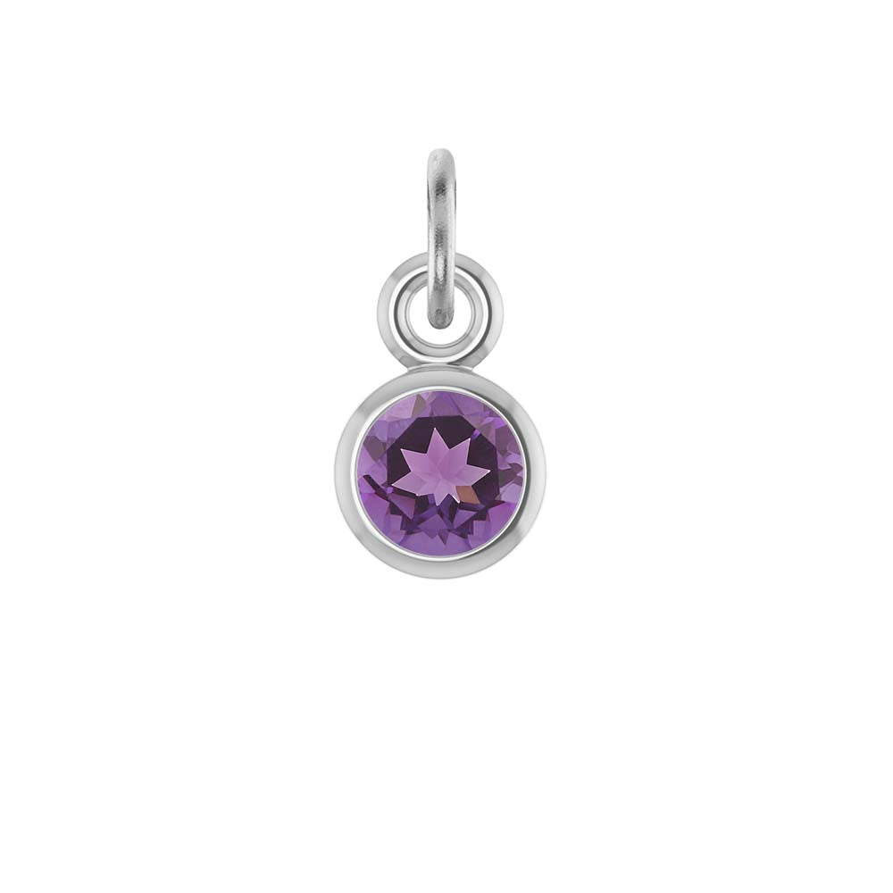 Amethyst birthstone charm in 14k white gold — luminous purple gemstone for personalized jewelry.
