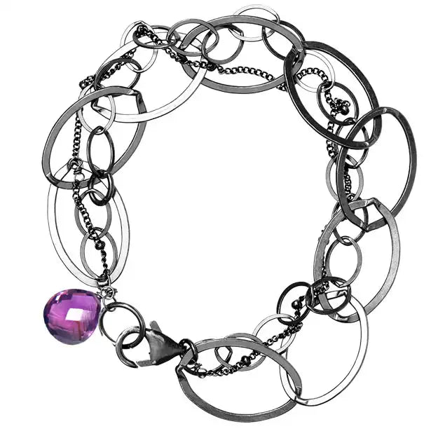 Natural amethyst woven chain bracelet in oxidized sterling silver variant--Oxidized-sterling-silver variant--Amethyst