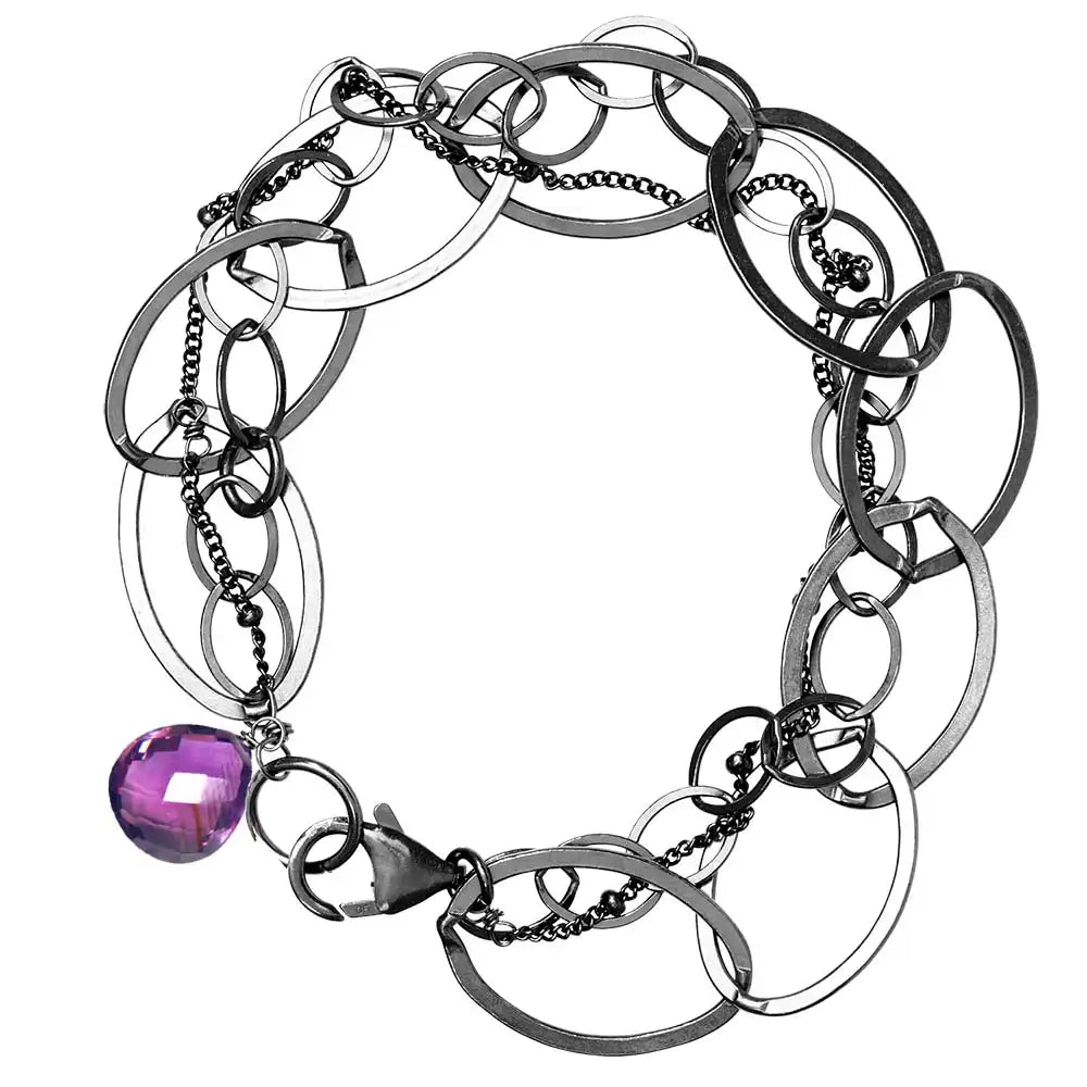 Natural amethyst woven chain bracelet in sterling silver, flat lay on neutral background sterling silver variant--Oxidized-sterling-silver