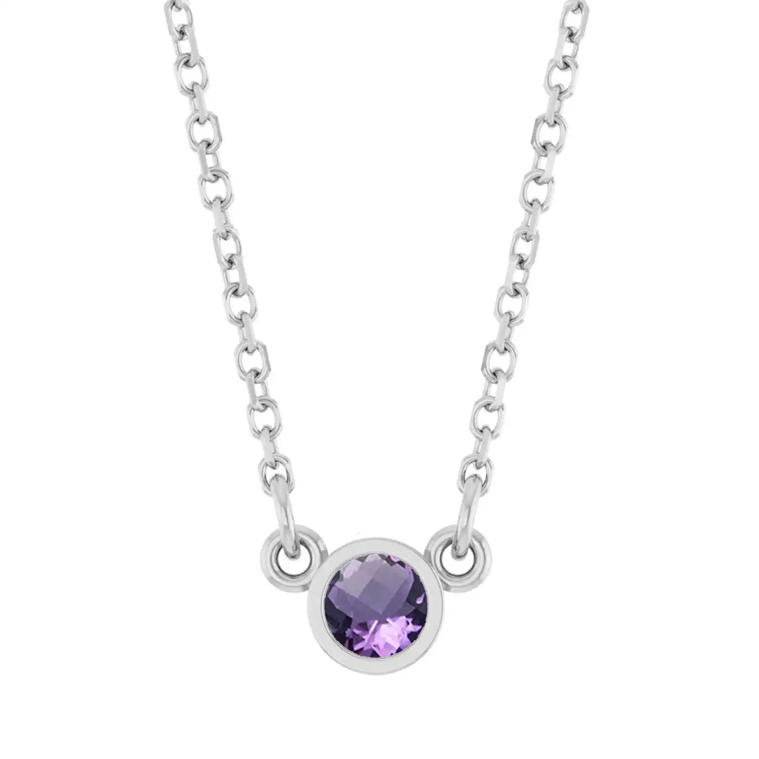 Bezel-set amethyst birthstone necklace in 14K white gold, pendant detail variant--14K-white-gold variant--Amethyst