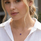 February birthstone necklace featuring purple amethyst shown on model variant--14K-yellow-gold variant--14K-white-gold variant--14K-rose-gold variant--Sterling-silver variant--Amethyst