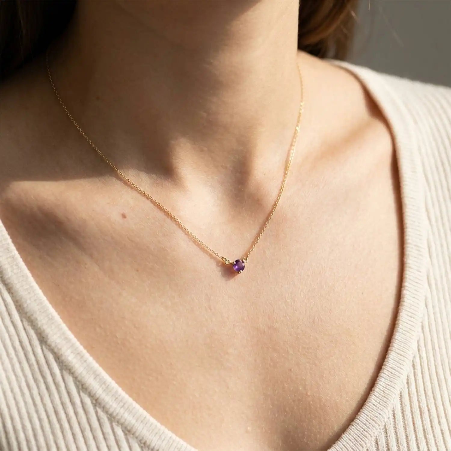 14K gold amethyst necklace shown on model variant--14K-rose-gold, variant--14K-yellow-gold, variant--14K-white-gold, variant--Sterling-silver