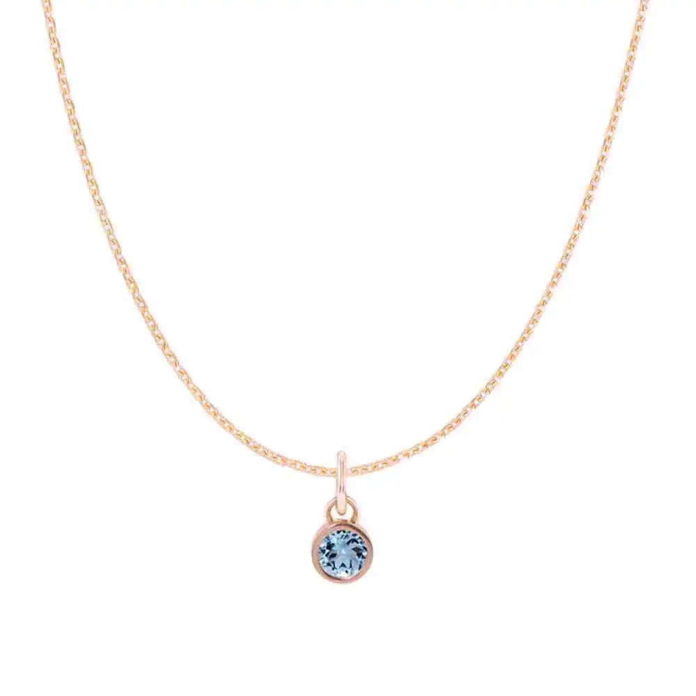 Aquamarine birthstone charm necklace in 14K rose gold, bezel-set pendant, product shot variant--14K-rose-gold variant--Aquamarine