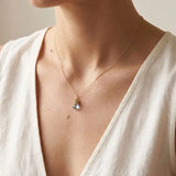 Handmade designer aquamarine pendant necklace shown on model variant--Gold-fill, variant--Rose-gold-fill, variant--Sterling-silver, variant--Oxidized-sterling-silver variant--Aquamarine